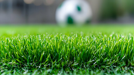 Naklejka premium Close-up green grass, blurred soccer ball background, sports field