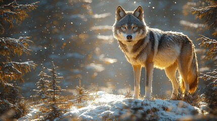 Majestic Wolf Stands in Winter Wonderland Snow