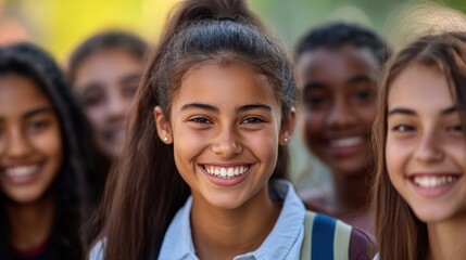 Fototapeta premium Group of happy teenage girls smiling, enjoying friendship outdoors during school day. Positive vibes, youth culture and community spirit captured in natural light.