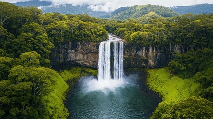 Obraz premium Majestic Waterfall Cascading into Lush Green Rainforest Valley