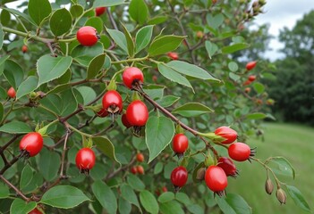 Obraz premium Ripe Red Rose Hip Berries on a Sweet-Brier Bush in Nature