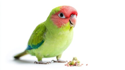 Red-headed lovebird eating seeds on white
