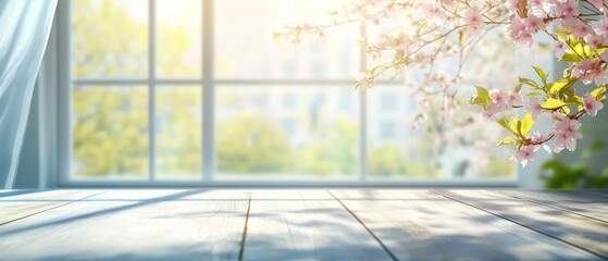 Soft morning light shines through a window with blossoms