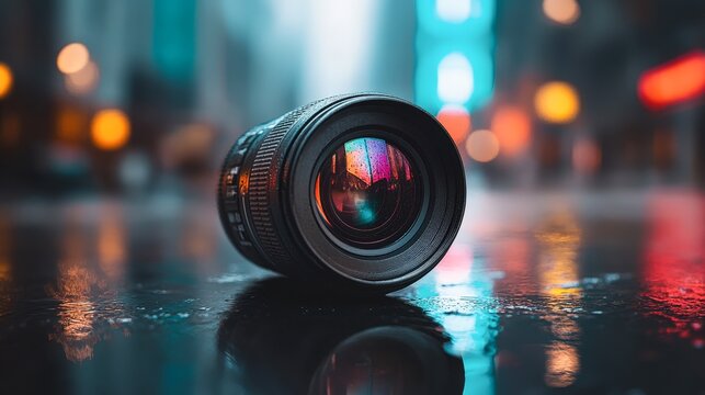 A close-up of a camera lens resting on a wet surface, reflecting vibrant city lights, This striking image can be used in photography articles, marketing materials, or tutorials,