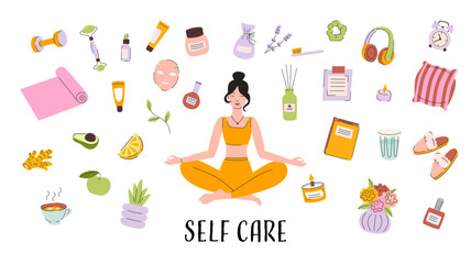 Self Care Illustrations. Yoga, Skincare and Relaxation. Wellness Essentials. Me Time Concept.