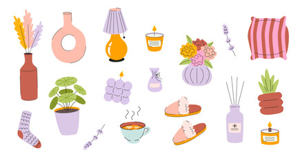 Cozy Home Accessories Collection. Vector Illustration of plants, candles, pillow and slippers.