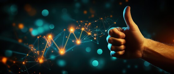 Hand gesture showing thumbs up with glowing digital chart background, symbolizing approval and success in finance, technology, and business growth.