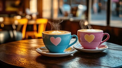 Heartwarming Coffee Cups with Steam in a Cozy Cafe Setting, Beautiful Latte Art and Soft Lighting