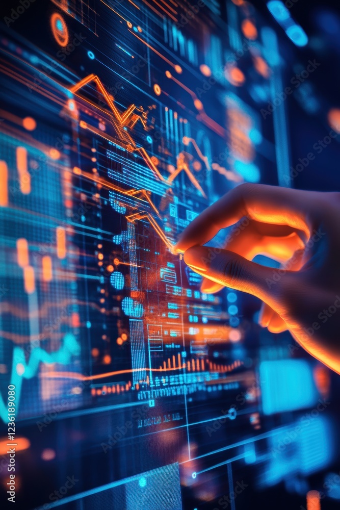 Poster hand interacting with digital financial data on a screen, analyzing stock market trends, technology 