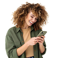 Happy Business Woman Holding Smartphone – Smiling Female with Curly Hair Using Mobile Phone, Social Media, Digital Communication, Isolated on Transparent Background, No Background