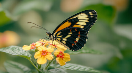 Naklejka premium Striking Black Orange and Yellow Butterfly on Vibrant Yellow Flowers in Lush Garden