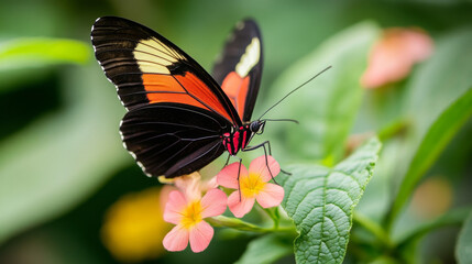Fototapeta premium Vibrant Heliconius Butterfly on Pink Flowers in Lush Green Foliage