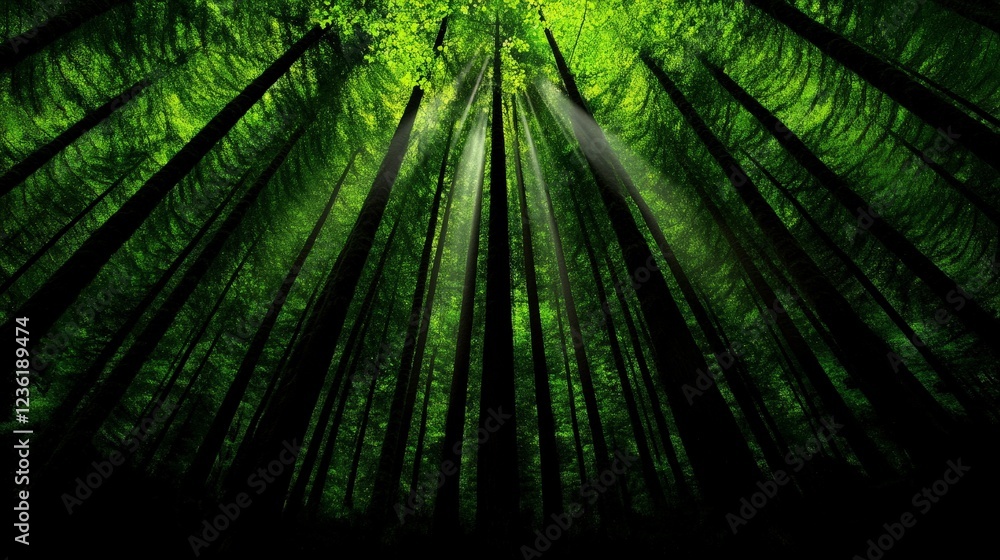 Poster sunbeams in the bamboo forest: sunlight streams through a dense bamboo forest, creating a mystical a