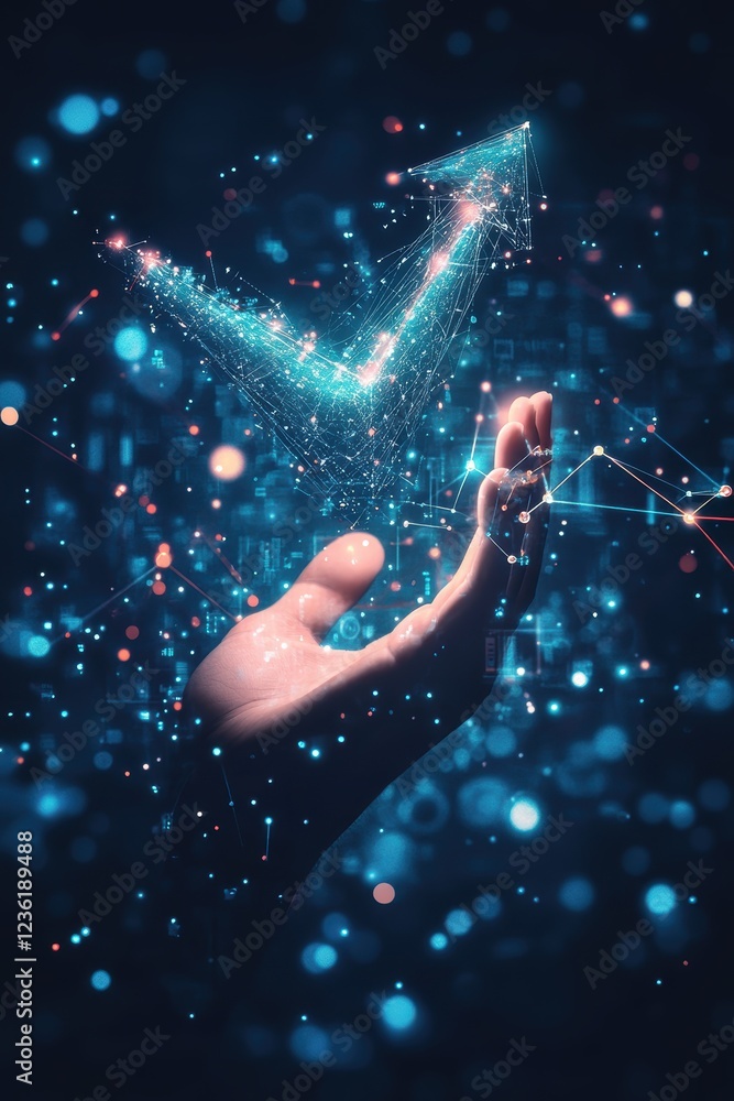Poster hand reaching out with digital interface, representing growth and progress in technology, data analy