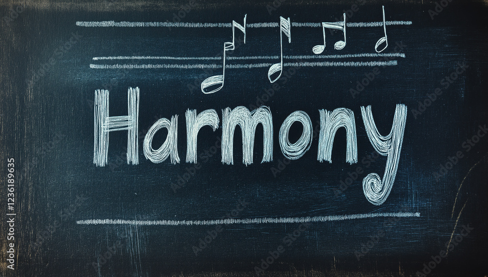 Poster chalkboard art displaying the word harmony with musical notes symbolizing unity and balance