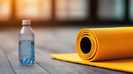 A close-up of a water bottle and a vibrant yellow yoga mat, ideal for promoting fitness, wellness, and healthy lifestyles, Perfect for blogs, websites, or advertisements related to exercise,