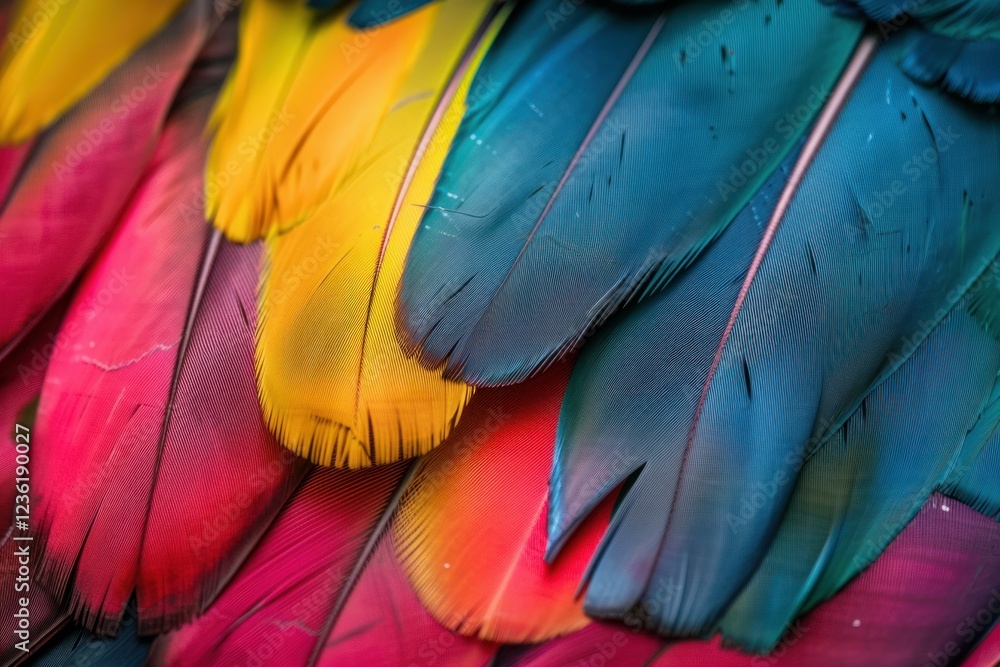 Poster colorful overlapping feathers creating a textured background with vibrant hues
