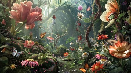 A lush garden scene with blooming flowers, butterflies, and rich greenery under a bright sky, symbolizing nature's beauty and harmony.