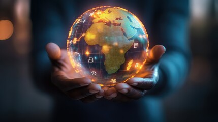 Fototapeta premium Hands holding a glowing globe representing global connectivity and technology, symbolizing digital advancements, international business, and modern innovation.
