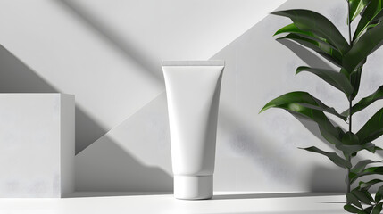 Minimalist skincare tube displayed on a clean surface with green plant accents in soft lighting