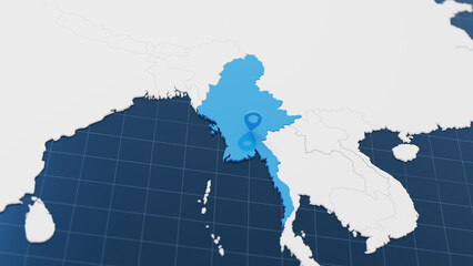 Blue Myanmar 3d map with pointer pin surrounded with other countries in white. Political map with borders. 3d render illustration