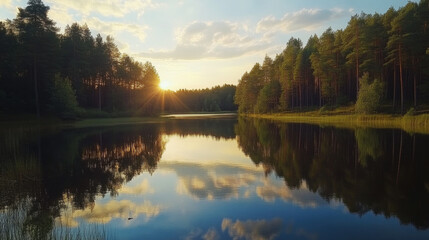 Obraz premium Serene Sunset Over Calm Lake with Majestic Pine Forest Reflection