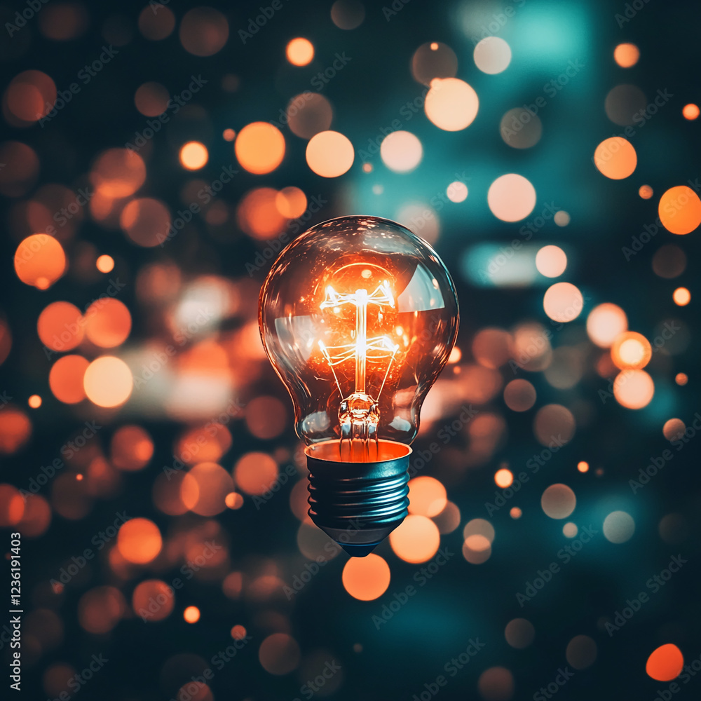 Poster illuminated light bulb surrounded by vibrant bokeh lights, symbolizing innovation, creativity, and t
