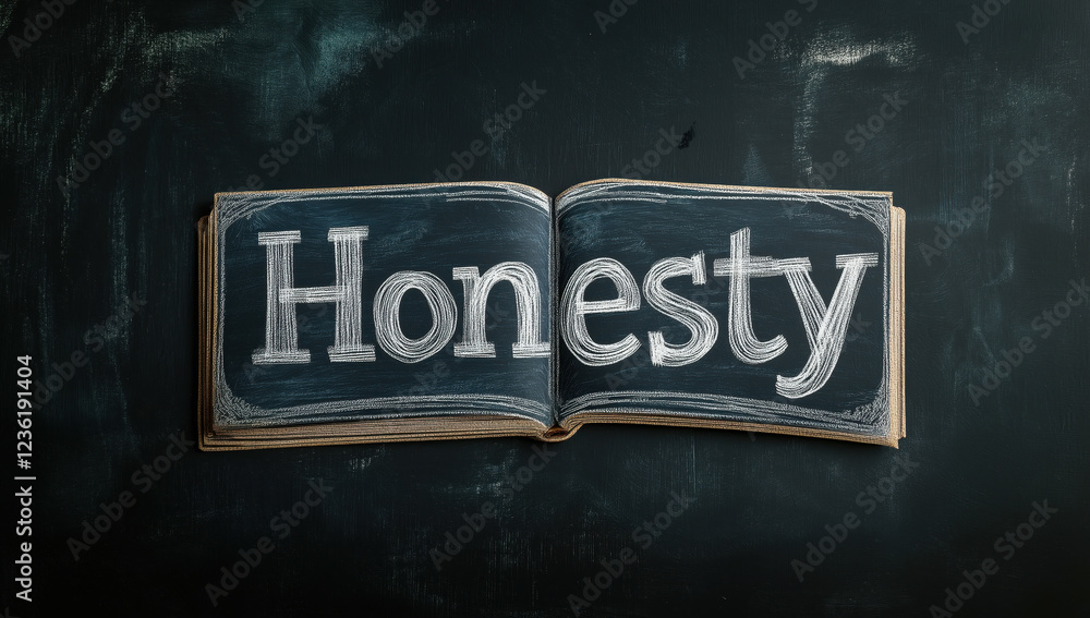Poster artistic representation of the word honesty on a chalkboard canvas in an open book format