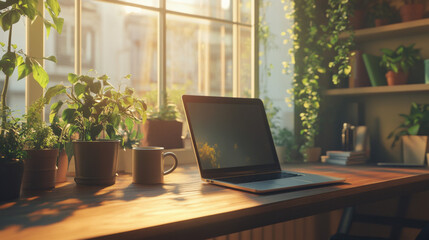 Sunlit Workspace Laptop Plants and Coffee on Wooden Desk