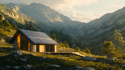 Obraz premium Sustainable Modern Cabin with Solar Panels in Mountain Landscape