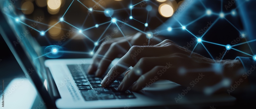 Poster hands typing on a laptop with digital connections, symbols of technology and data analytics represen