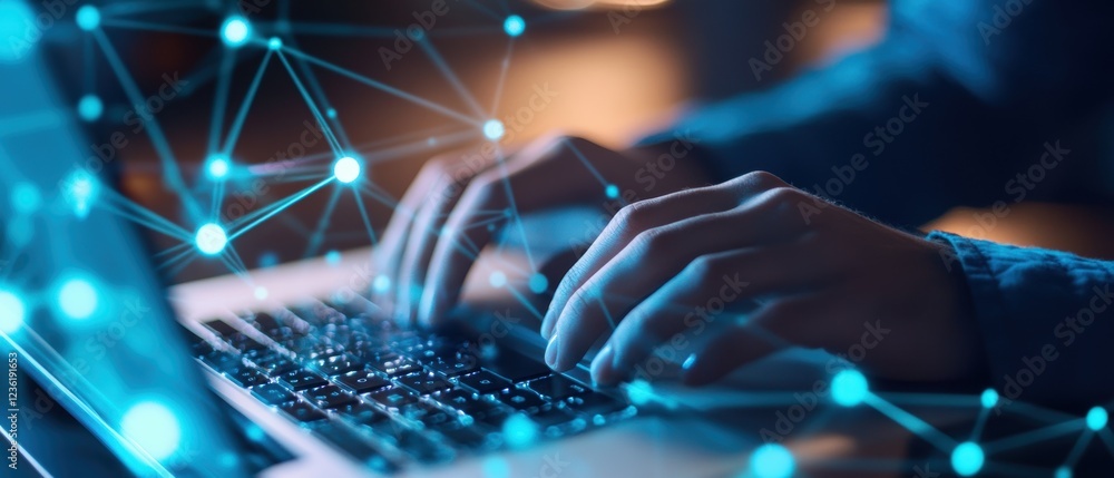 Poster hands typing on a laptop with digital network connections, representing online research, technology 