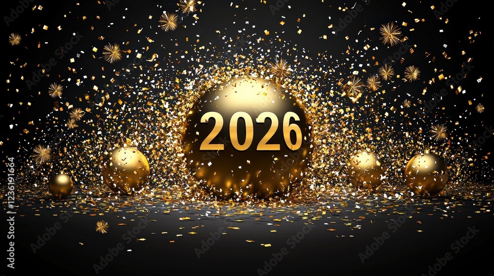 Poster dazzling 3d golden number 2026 surrounded by exploding confetti and sparkles in a festive atmosphere