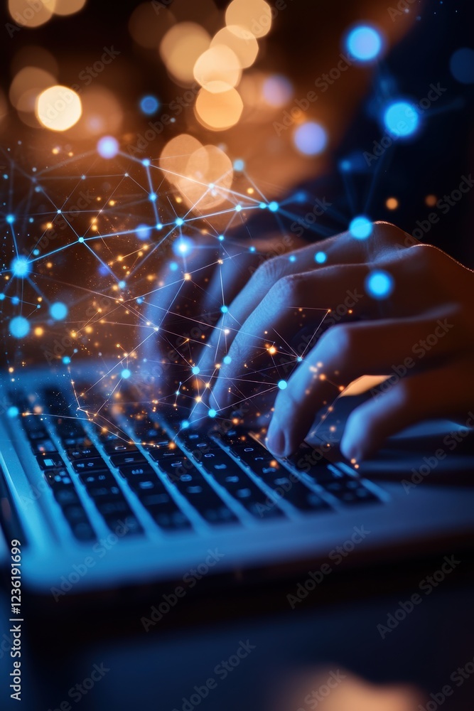 Poster hands typing on laptop with glowing digital connections symbolizing technology, innovation, and netw