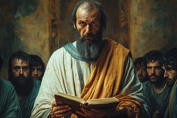 Apostle Paul leads a prayer gathering with his disciples in a historical setting