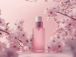 Bottle of pink serum with cherry blossom flowers on pink background
