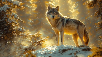 Obraz premium Majestic Wolf Stands in Snowy Winter Forest