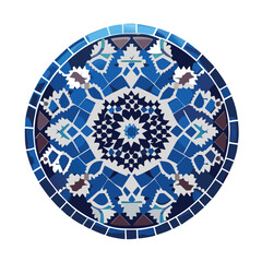 Moroccan tile with tones of blue. Circular decorative design as a vector. Pretty stained glass tiles