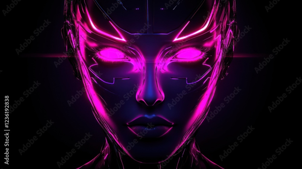 Poster futuristic robotic face with glowing features in dark setting