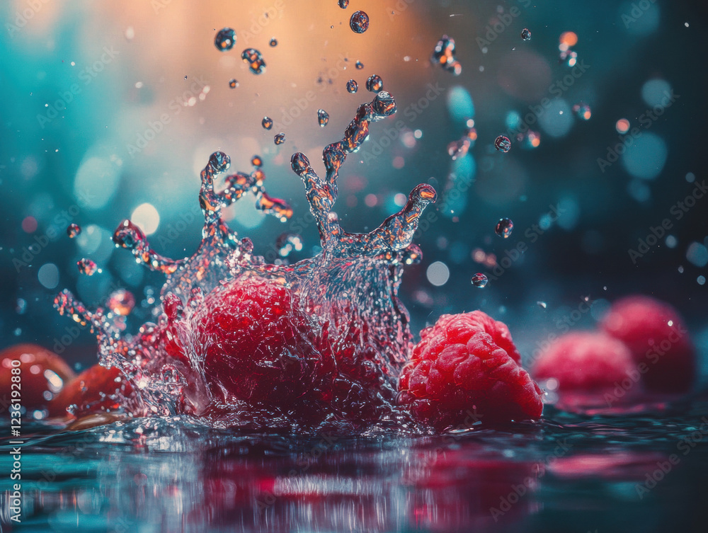 Poster abstract splash of red apple and strawberry in water with droplets and bubbles, creating a fresh and