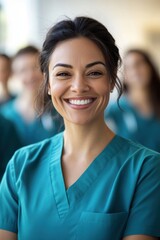 Healthcare professional smiling confidently in scrubs, surrounded by team at medical facility, promoting teamwork and patient care in nursing or medical field.