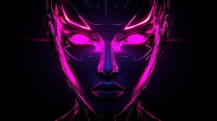 Futuristic robotic face with glowing features in dark setting