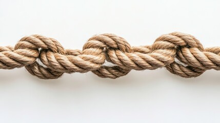 Close-up of beige rope with knots on white background.