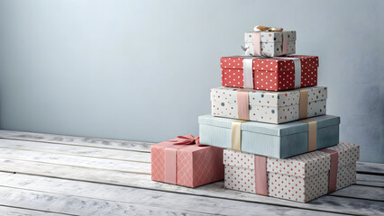 A stack of red Christmas gift boxes wrapped with festive ribbons and bows