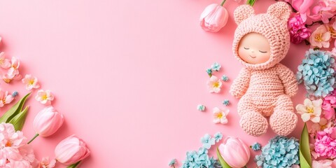 Newborn Concept. Sleeping Baby Doll Surrounded by Pink and Blue Flowers on Pastel Background