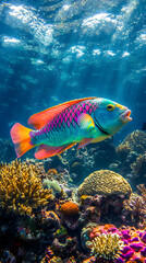 Obraz premium Underwater Tropical Corals Reef with colorful sea fish. Marine life sea world. Tropical colourful underwater seascape. 