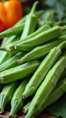 Fresh Green Okra Pods Piled with Vibrant Color and Textural Detail
