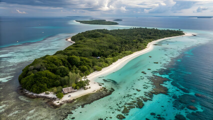 Tropical island seascape with a blue ocean view of a sandy beach