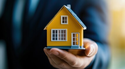Home model, real estate investment and property management concept with businessman holding yellow house. Discussion on buying, selling, or renting property online.