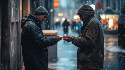 Obraz premium Homeless men sharing food on a snowy city street, showcasing compassion and community support amid winter hardships, highlighting social issues and charity efforts.